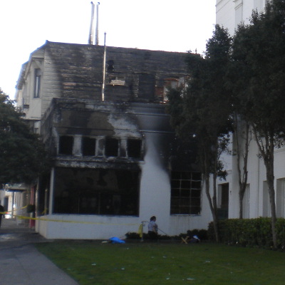 Internet Archive, showing fire damage to scanning center building.